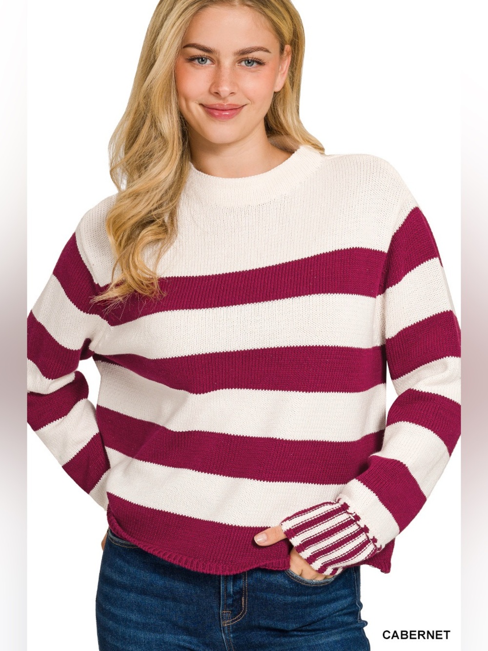 Zenana Cabernet Striped Sweater
